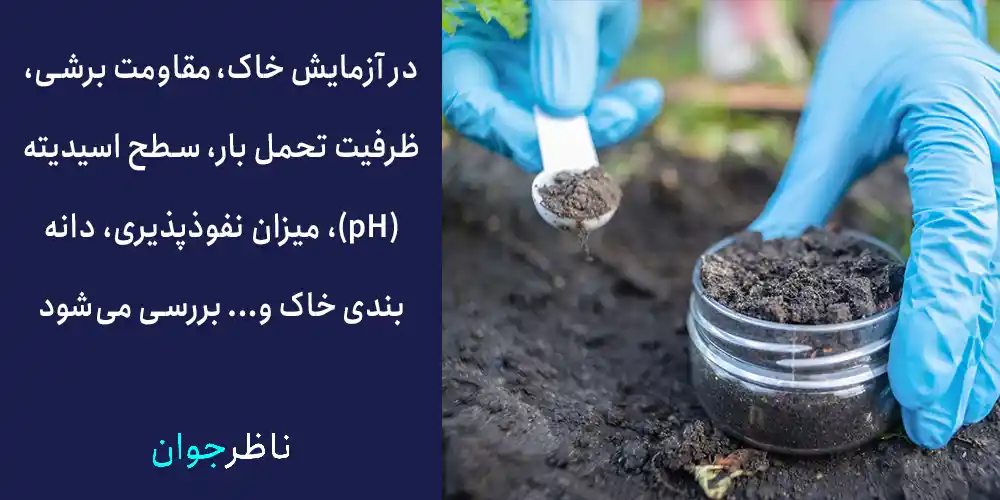 در آزمایش خاک، مقاومت برشی، ظرفیت تحمل بار، سطح اسیدیته (pH)، میزان نفوذپذیری، دانه‌بندی خاک و... بررسی می‌شود.
